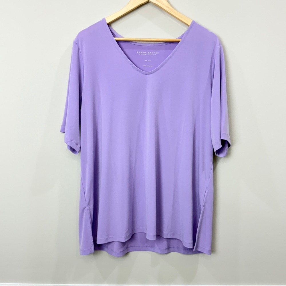 Susan Graver Women XLP Top Purple V-Neck Short Sleeve Liquid Knit Casual Comfort
